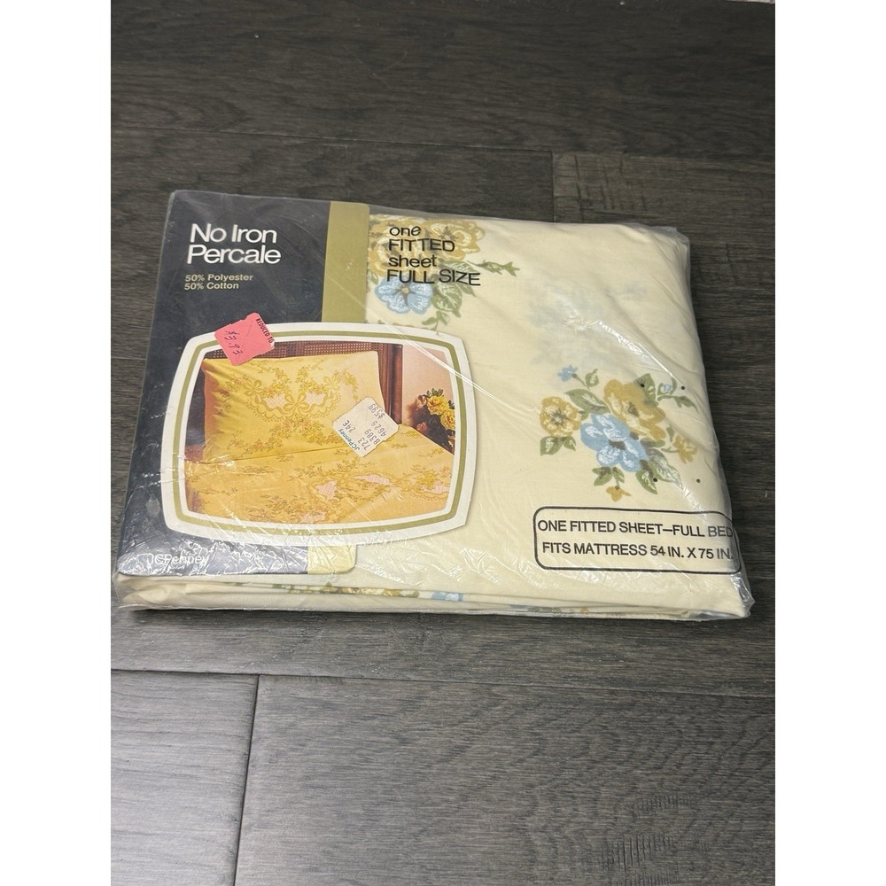 Fitted Sheet White Gold Floral No Iron Percale JC Penney's Full Size Bed Vtg NOS